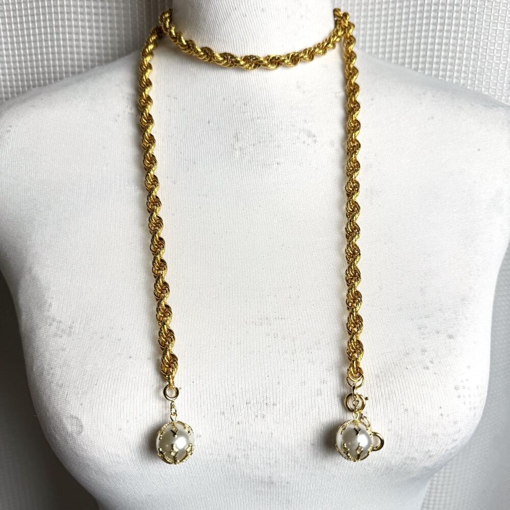 Vtg Rope Chain Lariat Necklace Gold Tone 8mm Thick 42" Wrap Faux Pearl Tassels